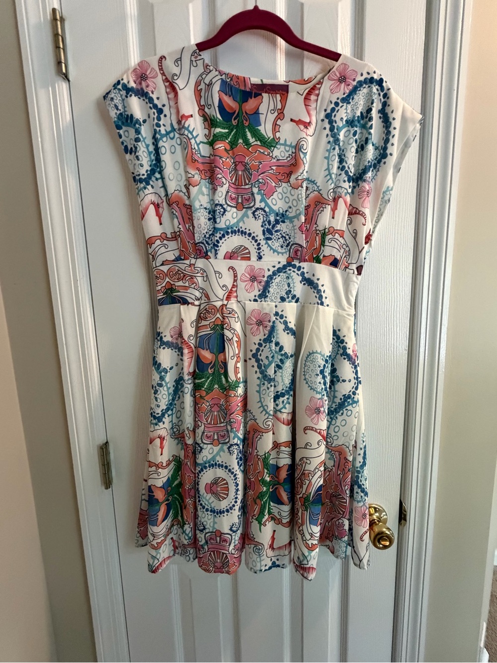 Cream Midi Dress with Pink and Blue Paisley Print